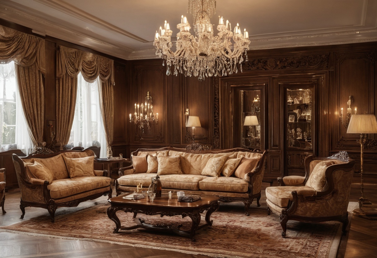 Classic luxury furniture in an elegant living room with chandelier